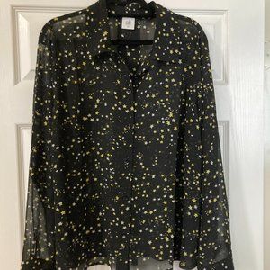 CAbi Galaxy Blouse Black Stars Sheer Button Up XLarge #3592
